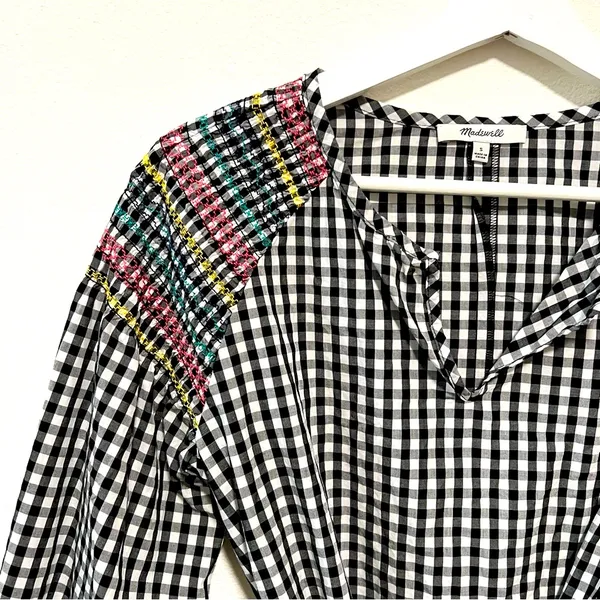 Madewell Smocked Black & White Checkered Gingham Tassel Top with Embroidery S - Image 4