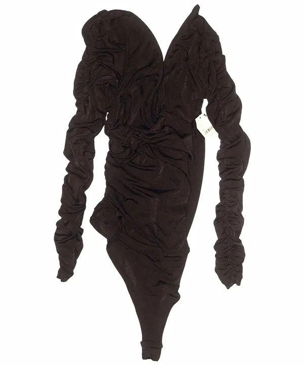 Free People NWT $68 Hot Fudge Brown Reya Ruched Long Sleeve Bodysuit XL - Image 2