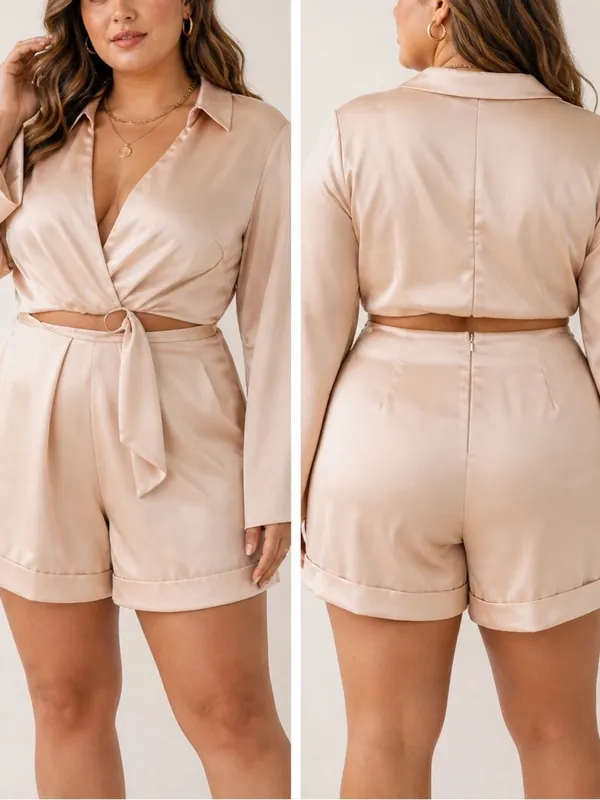 Hello Molly Girls On Top Satin Playsuit Tan Romper Glam Tie Waist - Image 3