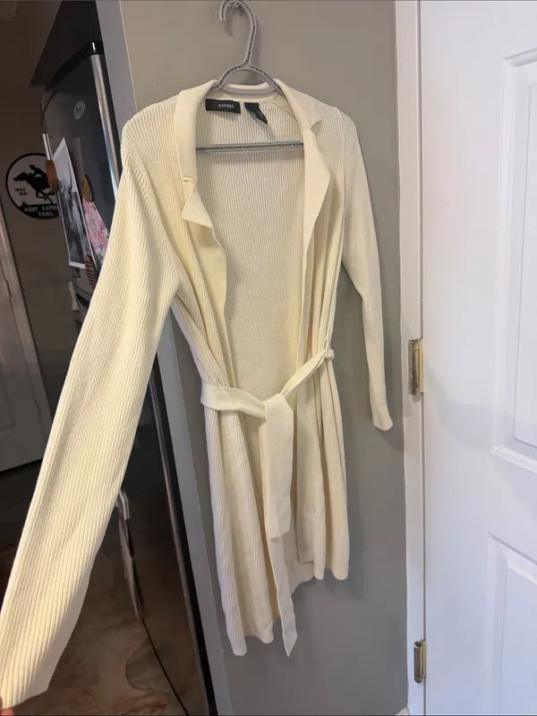 Express Cream Ribbed Knit Belted Longline Cardigan - Size Medium - Image 3