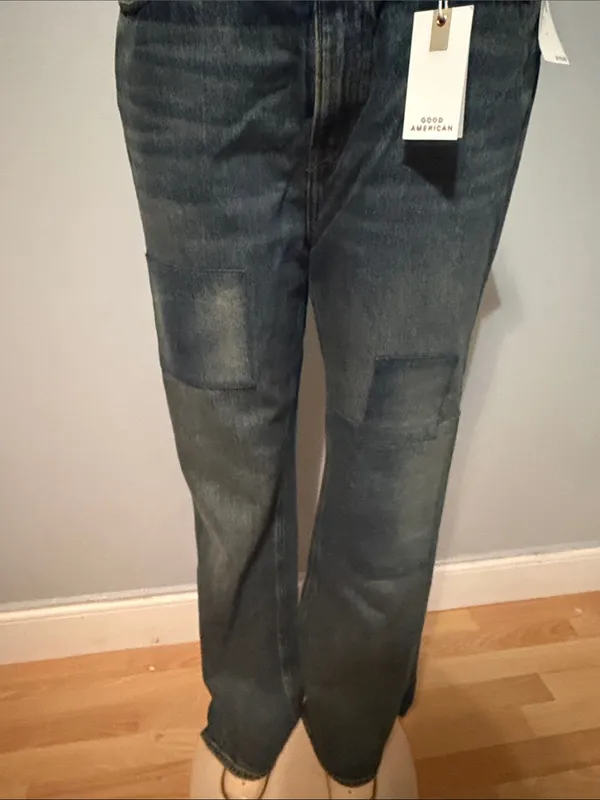 Good American Dark Indigo Khloe Jean straight Leg Patchwork Jeans - Image 4