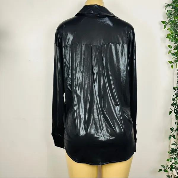 Anthropologie Metallic Liquid Blouse Sz M Black Long Sleeves - Image 5
