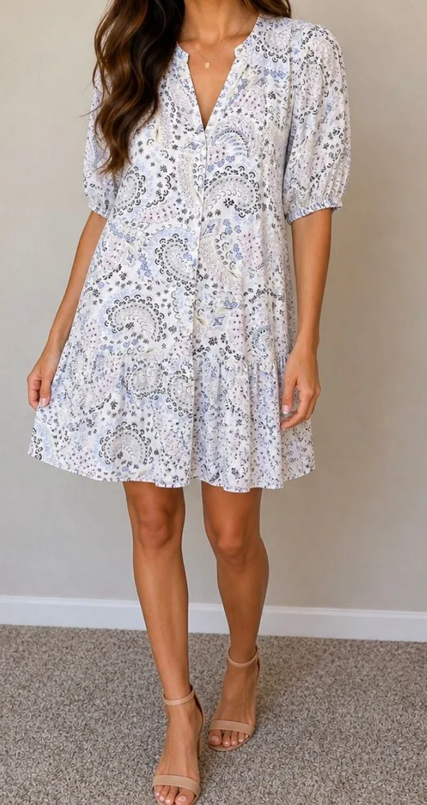 LOFT Paisley Button Front‎ Tiered Mini Dress Size XS - Image 2