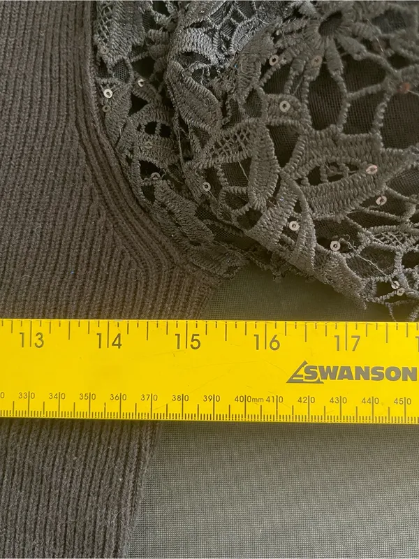 French Connection Black Ribbed Sweater Top with sheer embroidery sleeves - Image 6