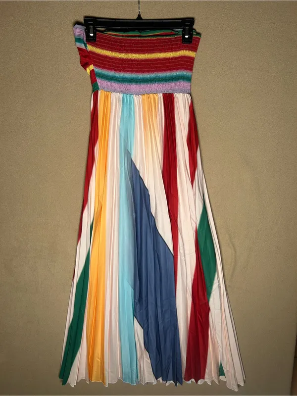 Strapless Maxi Dress, multicolored, pleated, size small, tube top style bodice. - Image 6
