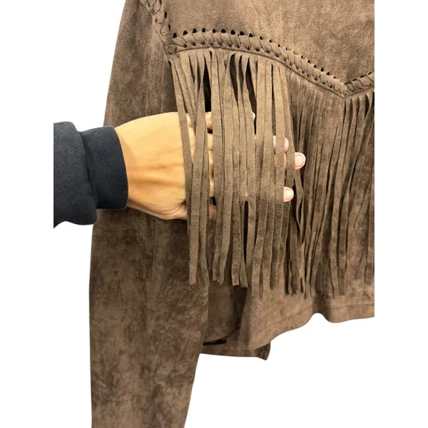Skies Are Blue Faux Suede Brown Fringe Blazer Cropped Western Boho Jacket Chic M - Image 6