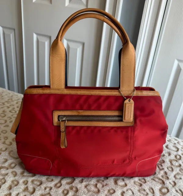 Coach Hampton Red Nylon Tote with Tan Leather Strap Handbag Women's - Image 3