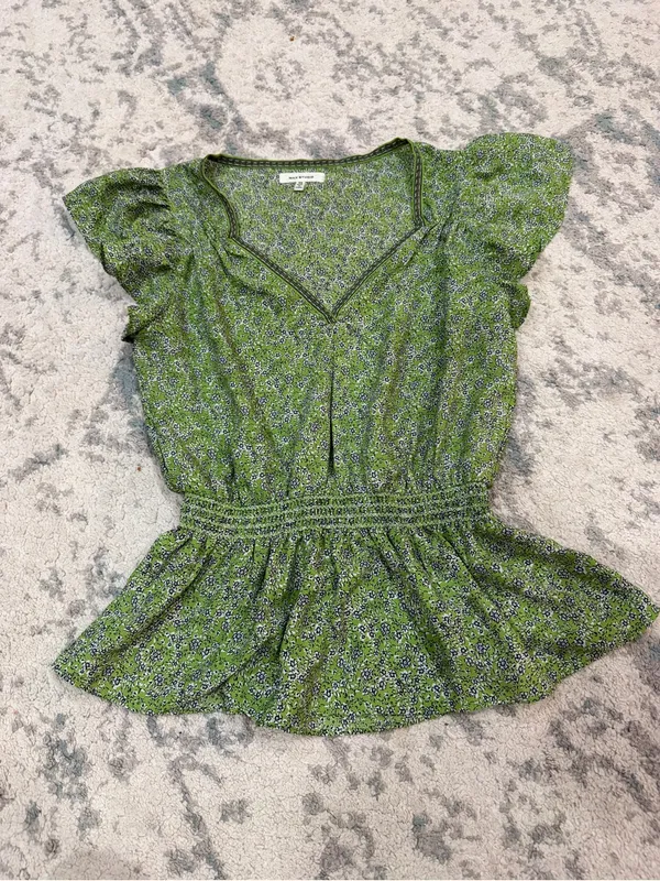 Max Studio Green Floral Peplum Top V-Neck Puff Sleeve XS - Image 2
