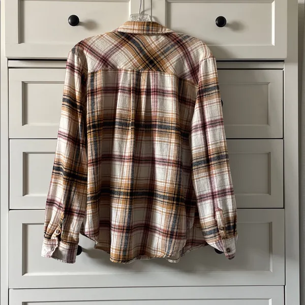Stitch&Feather Oversized Fall Cozy Plaid Flannel Button Down Shirt Mustard/Red M - Image 4