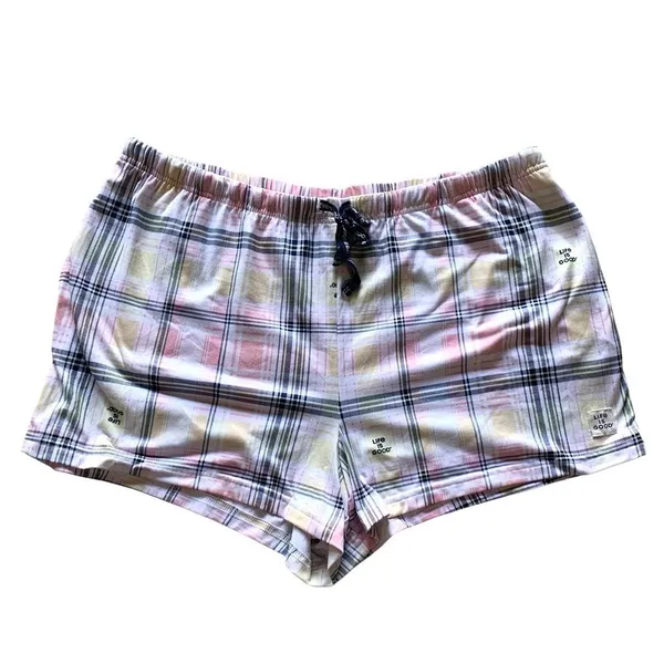 Life is Good Pajama Set Womens Large Pink Plaid Love Paw Print Loungewear Preppy - Image 2