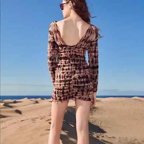 Zara Draped Tulle Mini Dress Brown Women's‎ Size XS Long Sleeve V-Neck - Image 4