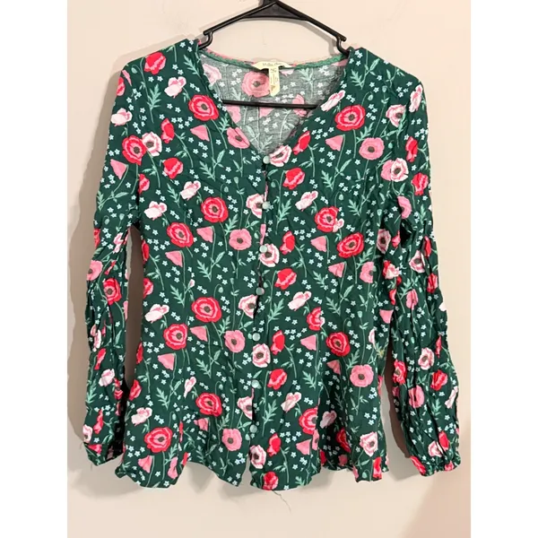 Matilda Jane Button Front Top Womens Medium Green Red Floral Poppy Peplum V-Neck - Image 2