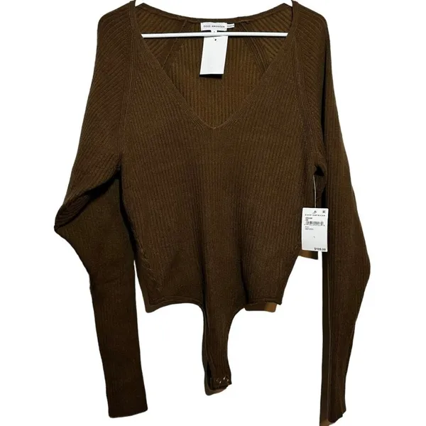 Good American Bodysuit Rib Plunge V-Neck Dolman Sleeve Thong Butt Brown 1 S NWT - Image 2