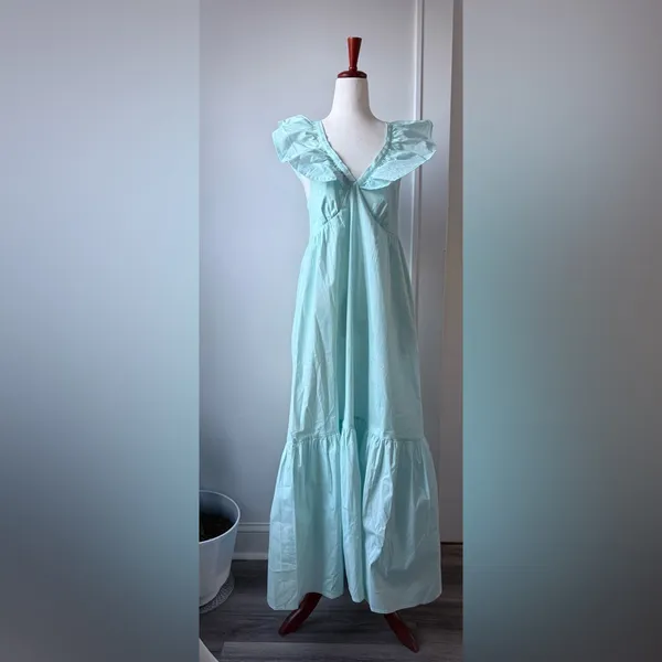 Mott50 Light Blue Ruffle V neck Maxi Size Medium Cotton Blend Dress - Image 4