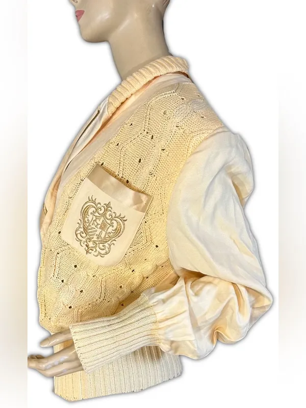 Side Effects Vintage 1990'S Yellow Cream Embroidered V Neck Pullover Sweater (M) - Image 6