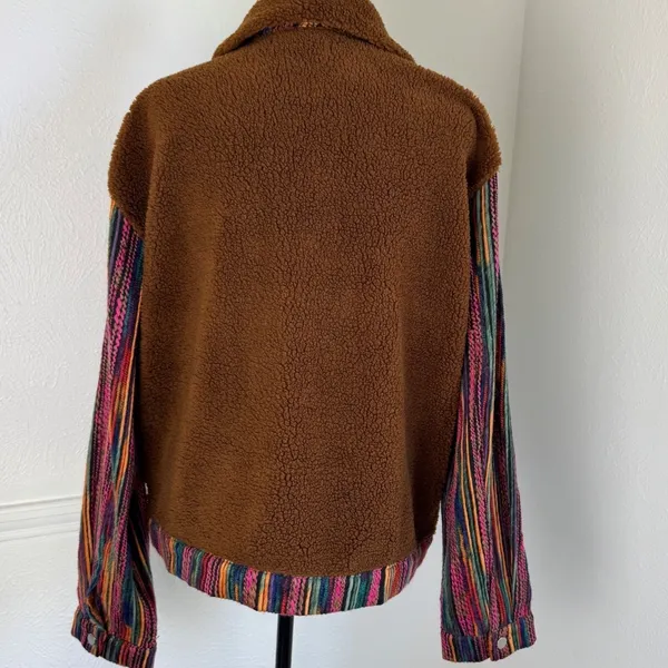 Southern Grace Womens Brown‎ Sherpa Jacket Striped Knit Sleeves Western Boho L - Image 4