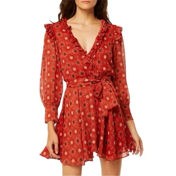 Misa Red ‘Veruka’ Long Sleeve Ruffle Mini Dress in Floral “Maravi Dots”, Size XS - Image 2