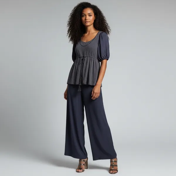 Anthropologie Deletta Elegant Blue puff sleeve belted tassle Top silk cotton - Image 3