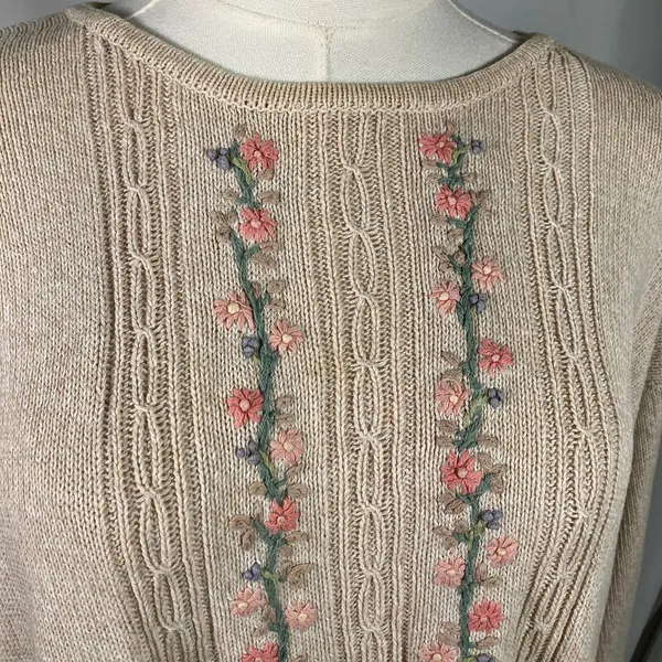 Cottage Essentials Embroidered Floral‎ Sweater Beige Ramie Cotton M Vintage - Image 2
