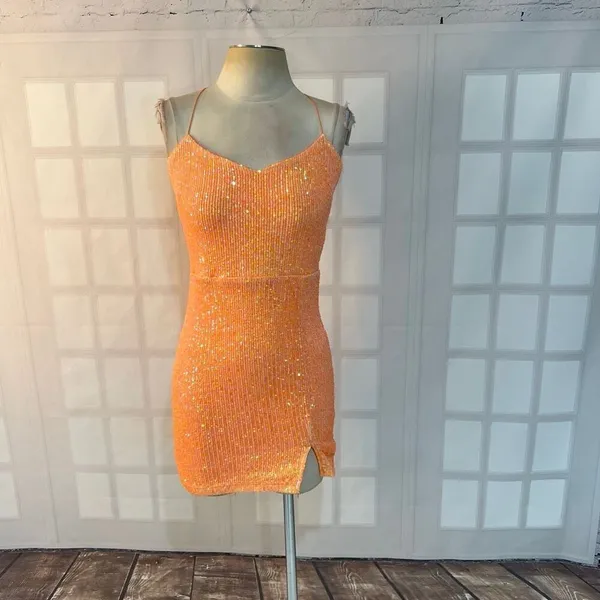 Windsor NWT Dazzle Down Sequin Lace-Up Mini Dress in peach size medium - Image 5