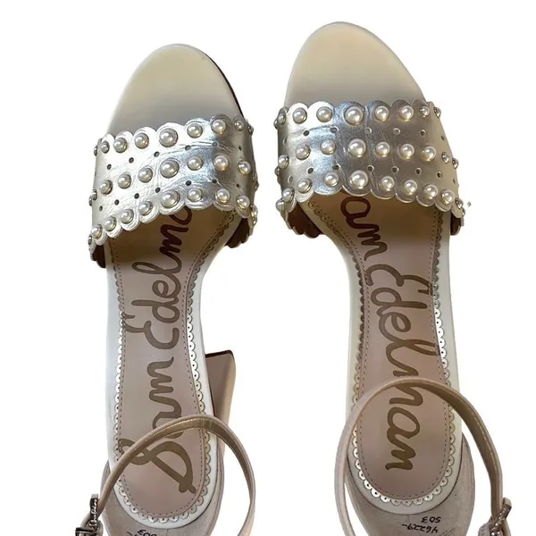 EUC Sam Edelman Leather Yaris Heeled Sandals Gold with Pearls Size 8.5 - Image 3