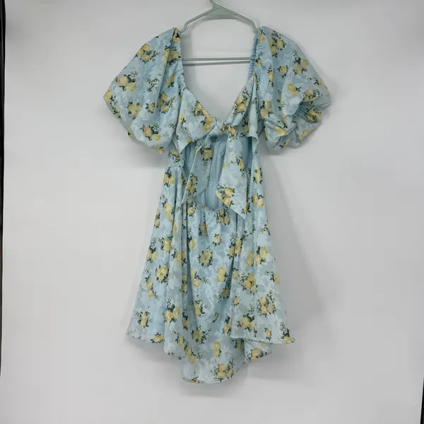 Altar'd State Blue Yellow Floral Puff Sleeve Tie Back Mini Dress Medium Coquette - Image 2
