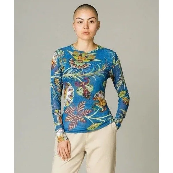 Petit Pois Viviana G Mesh Top Size L Sheer Exotic Flowers Peacock Artsy Boho - Image 5