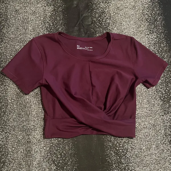 Womens XS Under Armour Athletic Short Sleeve Twist Front Crop Top-burgundy - Image 2