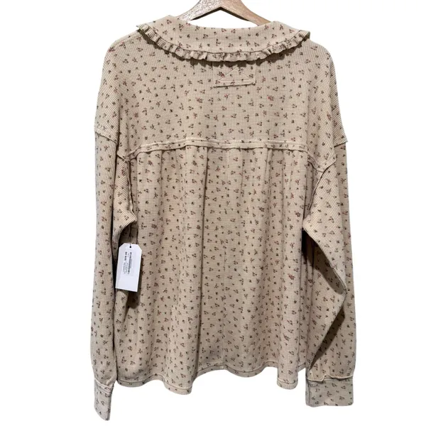 Easel Women Top Sz L Latte Ditsy Floral Knit Thermal Boho Cottage Ruffle - Image 2