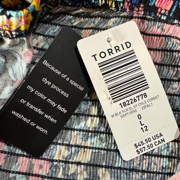 Torrid SZ 0 (Large) Challis Lace-Up Back Corset Top Floral Strapless Smocked New - Image 10