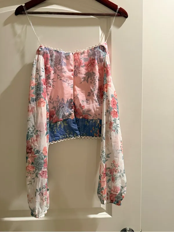 Altar'd State Pink and Blue Floral Lace-Trim Cropped Top - Image 6