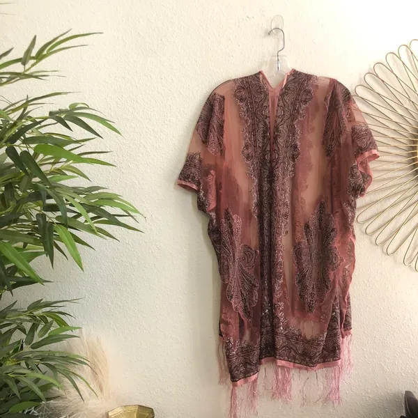 Whimsical Ethereal Pink black brown sheer kimono cardigan jacket fringe tassels #boho #hippie #indie #whimsygoth #fairycore bohemian festival cottagecore - Image 2