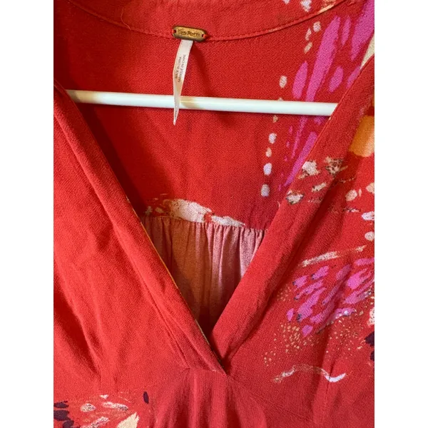 Free People Red Butterfly Print V-Neck High Low Tunic Top Small - Image 3