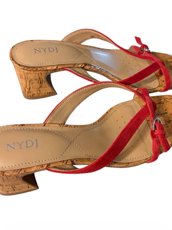 NYDJ Red Suede Cork Square Toe Thong Heeled Sandals Women's Size 7 New - Image 4