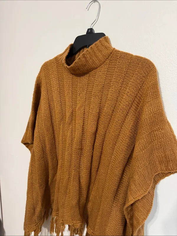 Ultra Flirt Cozy Fringe Mock Neck Poncho in Tan/Brown - Image 4