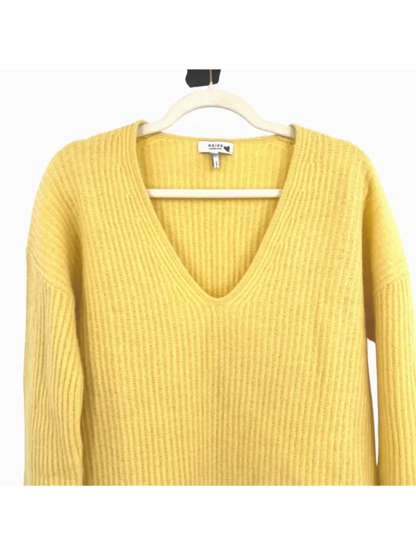 Reiss Yellow Wool Cashmere Blend Ribbed V-Neck Sweater Size Small Quiet Luxury - Image 2