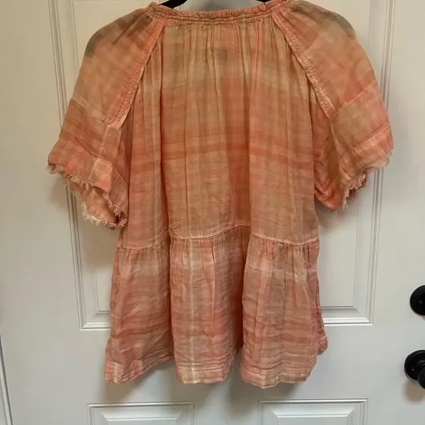 Anthropologie Pilcro‎ peach Plaid Top With Raw Edge babydoll | Size XS - Image 6