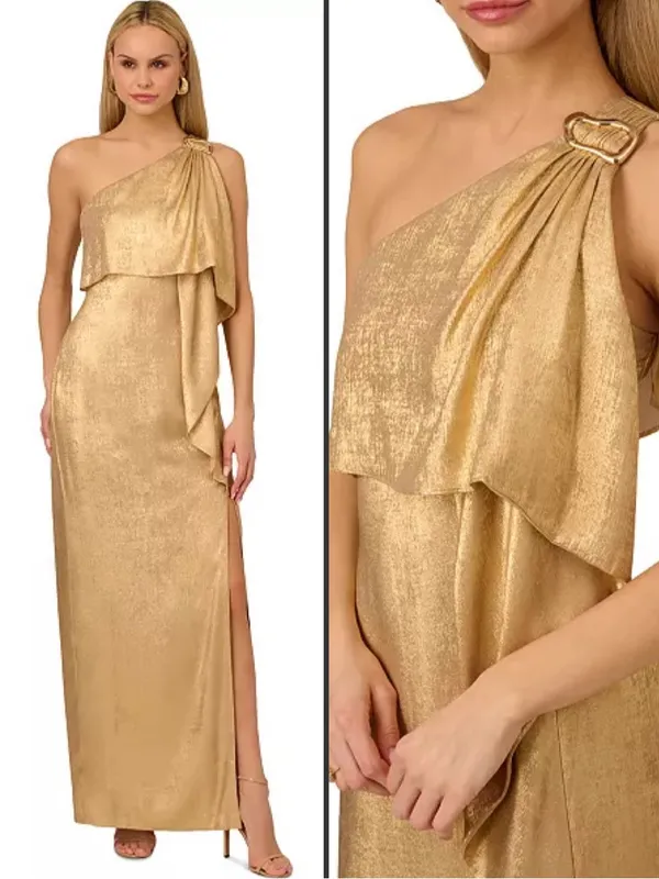 Adrianna Adrianna Papell Gold Metallic Layered One-Shoulder Gown Size 2 - Image 2