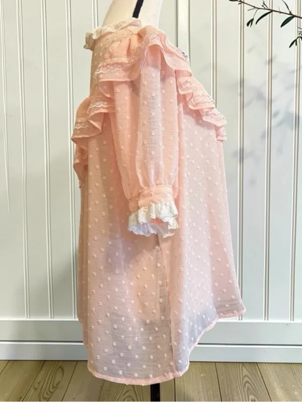 POL Pink Swiss Dot Ruffle Lace Blouse Size Large Cottagecore - Image 5