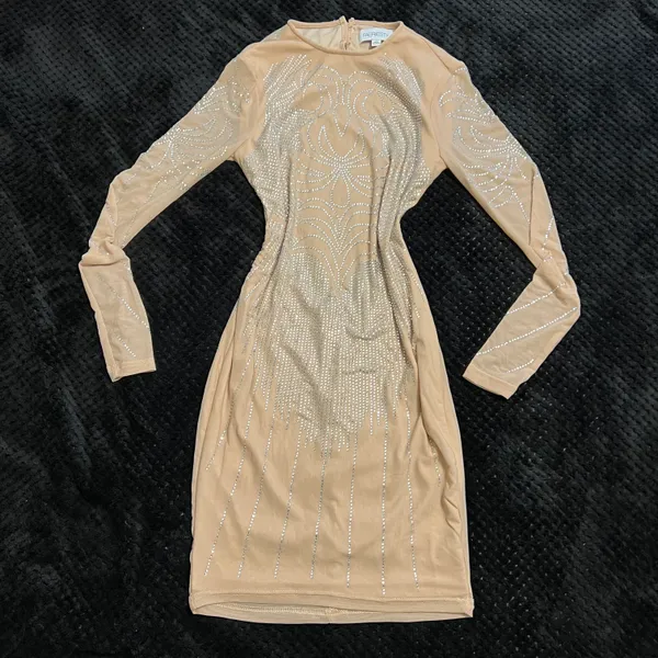 Rhinestone Open Back Mini Dress Slim Fit Mock Neck Backless Long Sleeve Tan Dress Party Dress Prom Wedding - Image 6