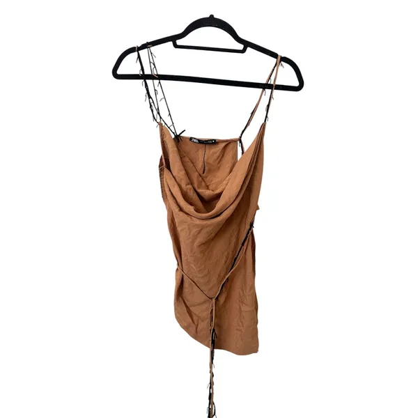 ZARA Asymmetric Handkerchief Beaded Blouse‎ Tan Small - Image 3