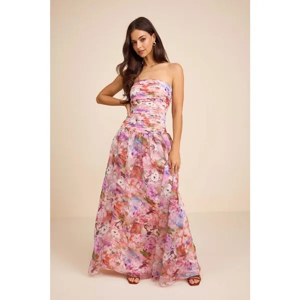 Lulus Kasandra Pink Multi Floral Organza Drop Waist Maxi Dress Formal Small NWT - Image 2