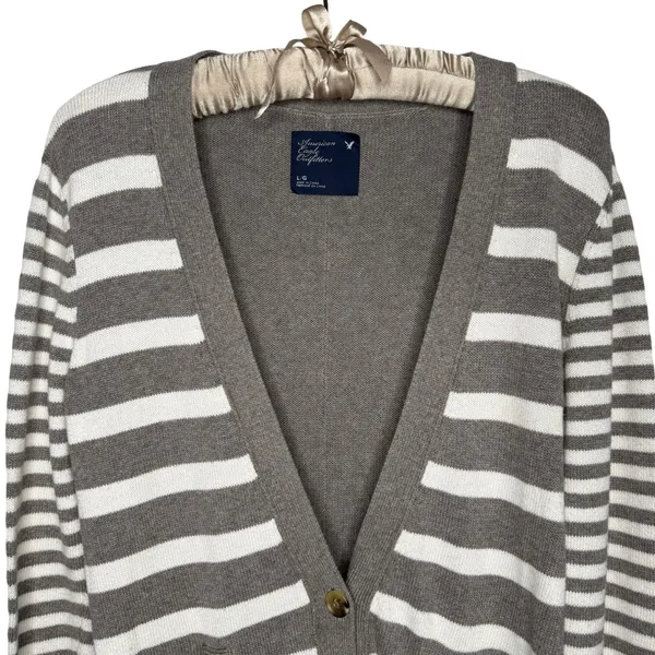 American Eagle AOE Fall 2010 Y2K Striped Cardigan L Wool Grey Preppy Millennial - Image 2