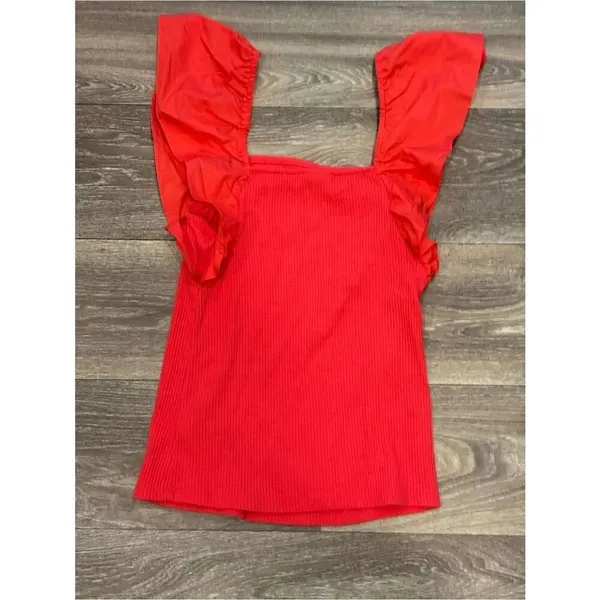 A New Day Red Square Neck Flutter Sleeve Top Size XS - Image 3