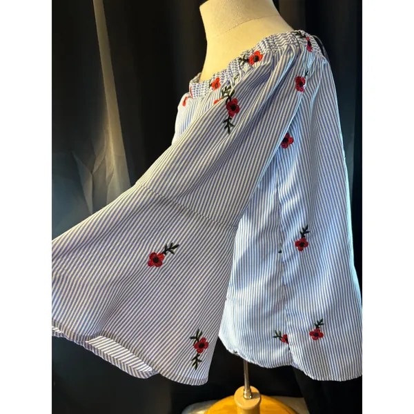 Always Indigo Womens XL Blue White Striped Poppy Floral Off Shoulder Blouse Top - Image 2