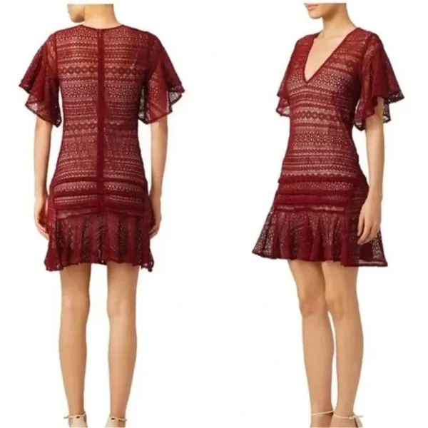 Marissa Webb Cybil Maroon Lace Flutter Sleeve Dress Size Small Sheer Lace Drama - Image 2