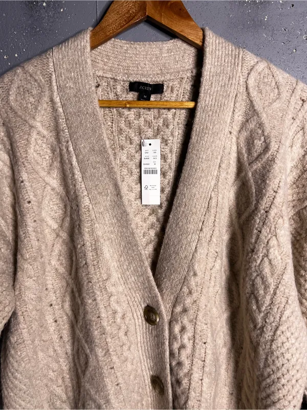 J. Crew Cable-Knit Merino Wool Alpaca Blend Cardigan Sweater Off White. Medium - Image 4