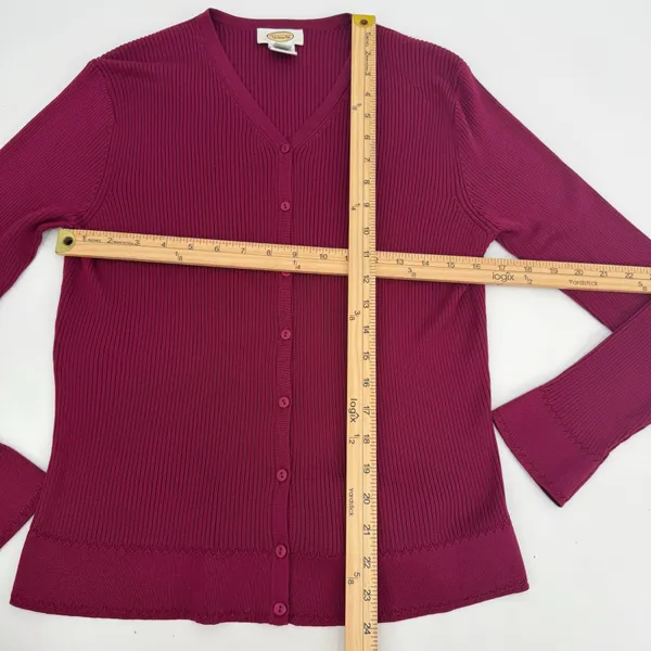 Talbots Silk Cardigan Sweater Womens M Cranberry Burgundy Ribbed Button Front LS - Image 6