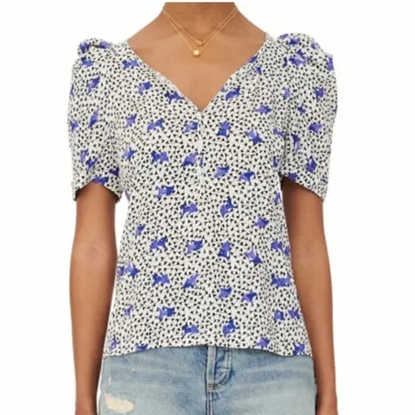 MAJE Lensam Floral Leaf Blue/White V-neck Short Puff Shoulder Blouse Size Small - Image 5