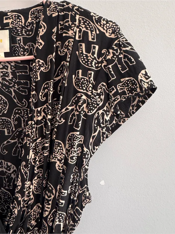 Maeve Anthropologie Large Elephant Print Wrap Dress Black Tan Belted - Image 5